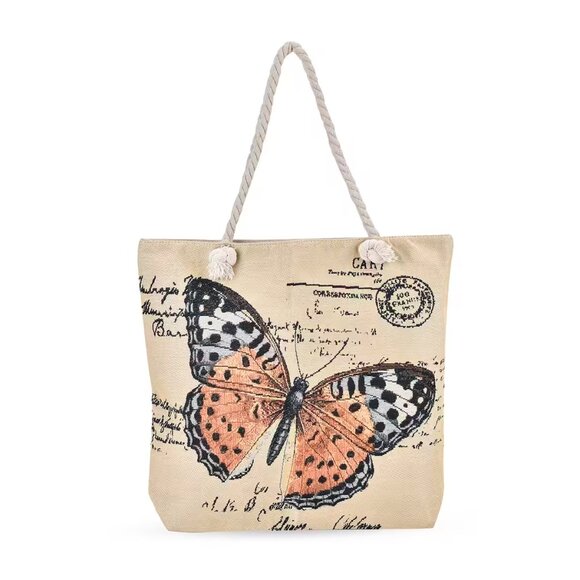 Handbags - Yellow Butterfly Pattern Jute Large Tote Bag